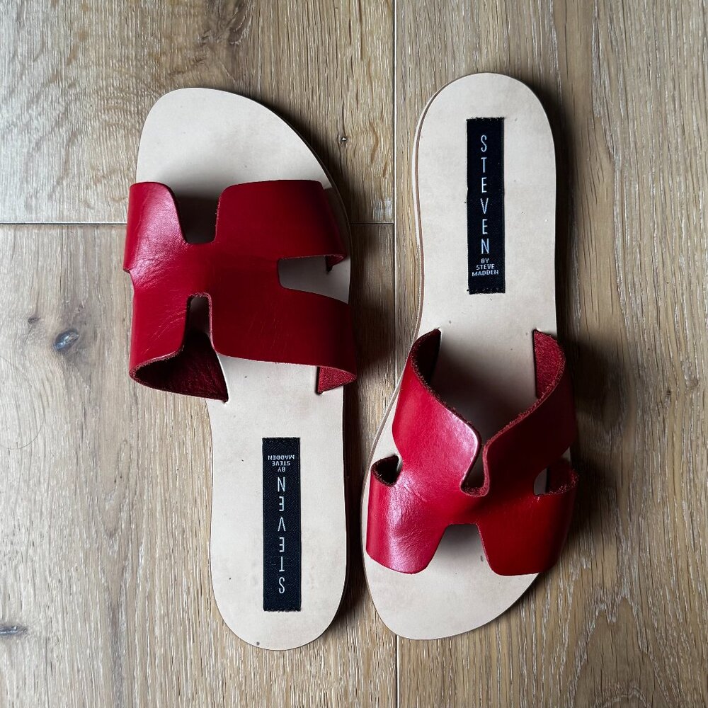 Steven New York Greece Sandals Red Leather Slide - Size 7.5 - Made in Italy